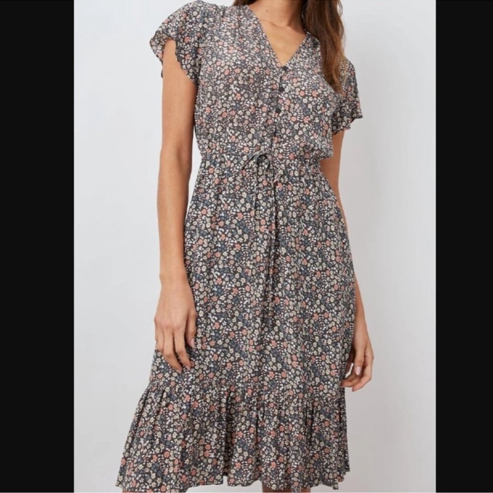Rails Kiki Mini Dress Black Floral Tie Waist Ruffle Hem Prairie Cottagecore S